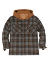 Front view of the gray yellow men's warm quilted lined plaid hooded jacket