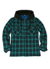 Front view of the Navy and Green cozy quilted lined plaid hooded jacket for men