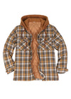Front view of the yellow white men's quilted lined plaid hooded jacket