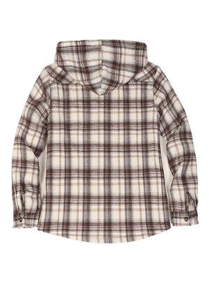 Back view of a women's winter warm chocolate plaid jacket with hood
