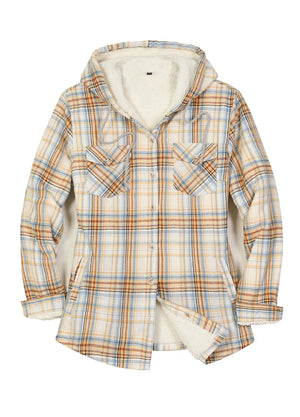 Front view of a women's khaki winter sherpa lined plaid hooded jacket