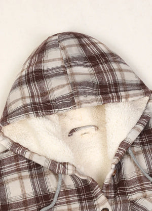 Close-up of the collar on a women’s chocolate plaid flannel jacket