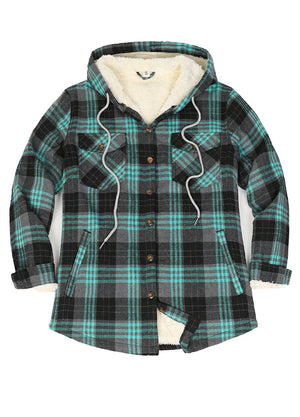 Women's Sherpa Lined Flannel Jacket with Hood, Button Up Plaid
