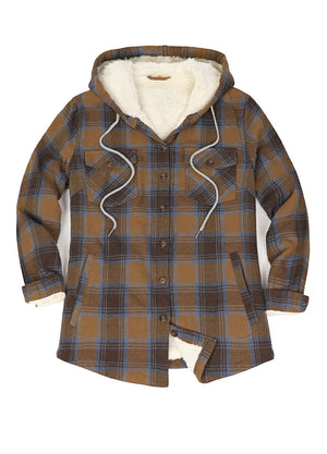 Women's Sherpa Lined Flannel Jacket with Hood, Button Up Plaid