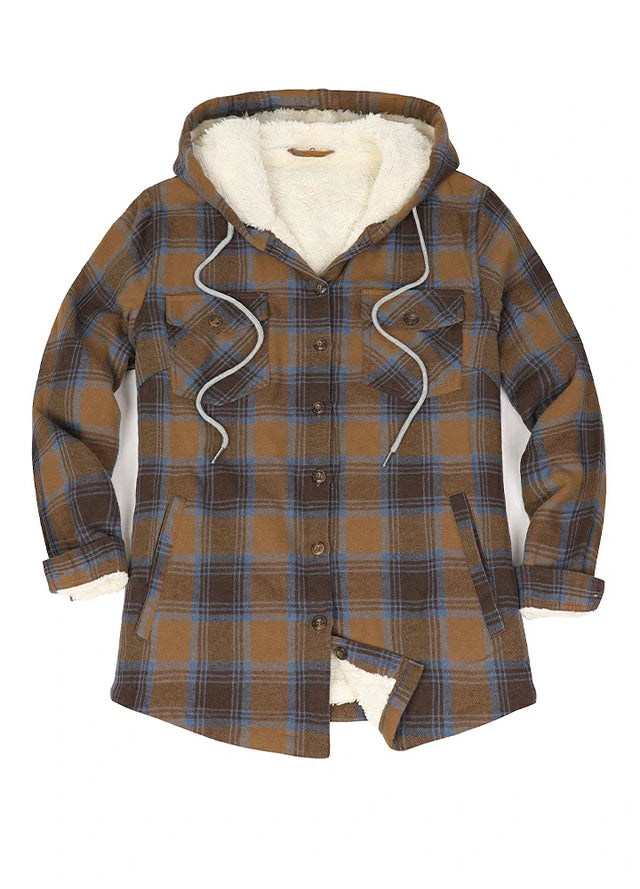 Women's Sherpa Lined Flannel Jacket with Hood, Button Up Plaid