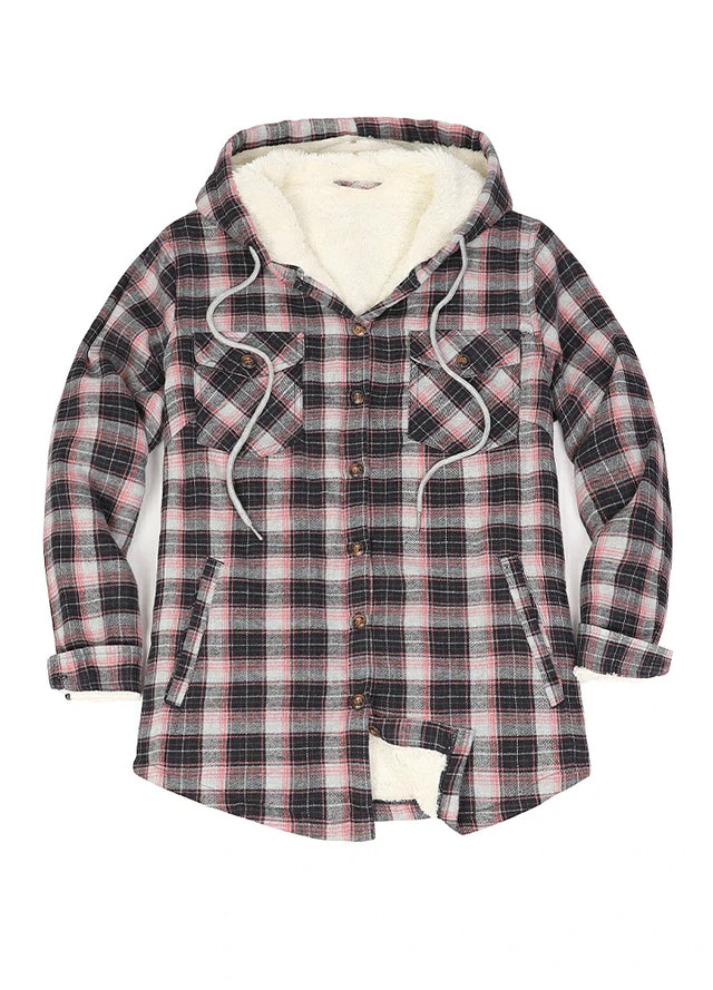 Women's Sherpa Lined Flannel Jacket with Hood, Button Up Plaid