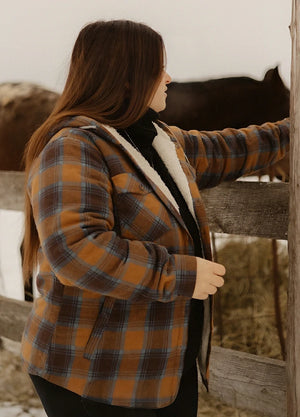 Women's Sherpa Lined Flannel Jacket with Hood, Button Up Plaid