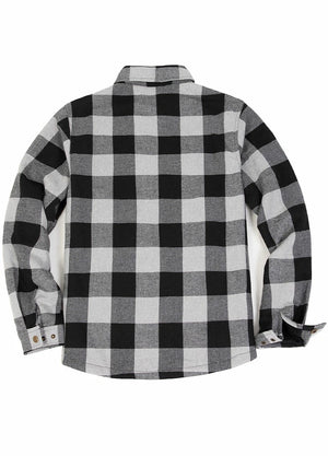 Back view of the gray black men's soft snap button flannel plaid jacket 