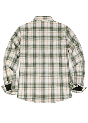 Back view of green white men's sherpa lined flannel plaid jacket