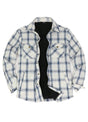 Front view of blue and white plaid fleece lined flannel shacket for men