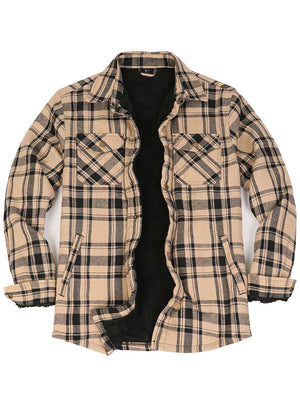 Front view of khaki black men's warm sherpa lined flannel shacket 