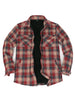 Front view of red and khaki men's plaid fleece lined flannel shirt jacket 