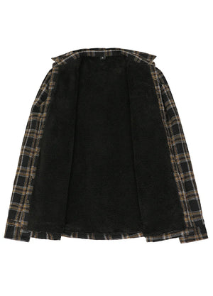 Front view of the lining of black latte fleece lined flannel jacket for men
