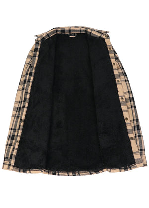 Front view of the lining of men's khaki black warm sherpa lined flannel shacket 