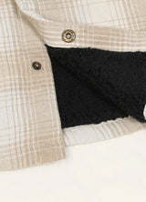 Close-up of snap button of desert glow men's thick flannel jacket with sherpa lining