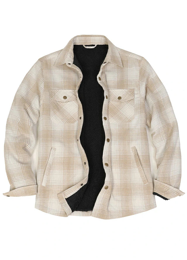 Front view of desert glow men's snap button flannel checked jacket