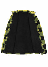 Front view of the lining of yellow black men's sherpa lined flannel shirt jacket