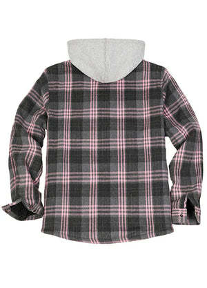 Back view of the pink men's sherpa lined jacket with removable hood