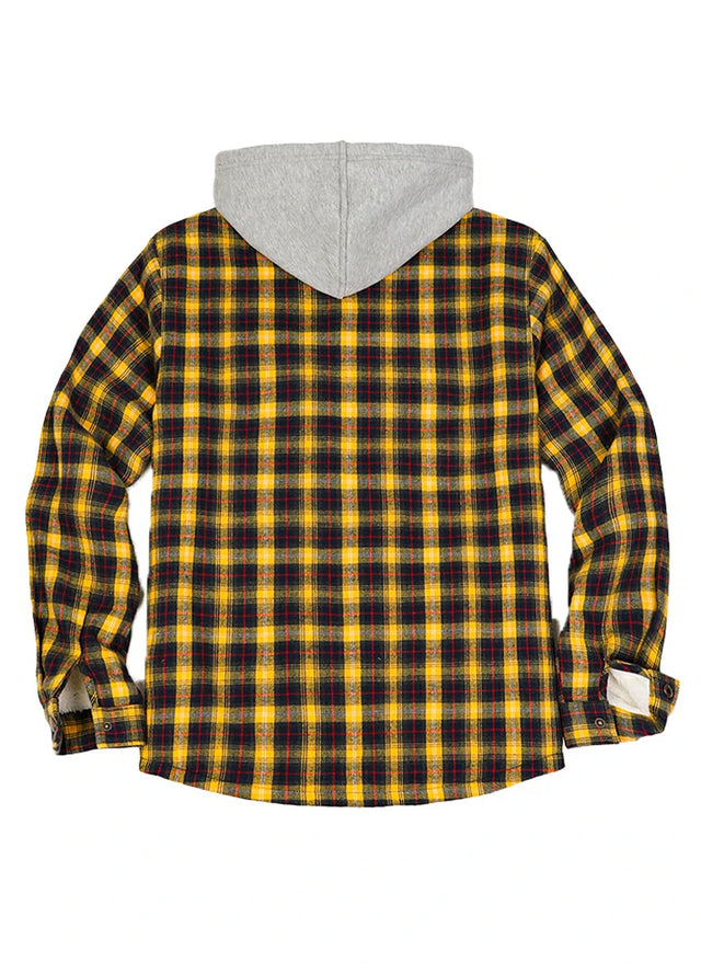 Back view of the yellow navy men's durable sherpa lined hooded jacket 