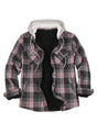 Front view of the pink men's sherpa-lined jacket with removable hood