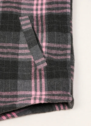 Detailed view of the hand pocket of the pink men's sherpa lined jacket with removable hood 