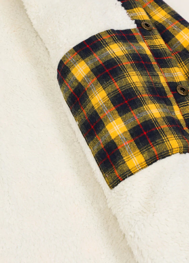 Close-up of the inner pocket of the yellow navy men's durable sherpa lined hooded jacket 