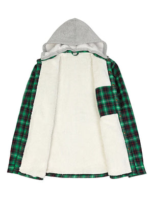 Front view of the lining of the green men's snap button hooded jacket 