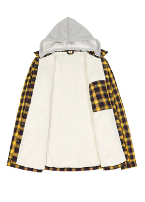 Front view of the lining of the yellow navy men's durable sherpa lined hooded jacket 