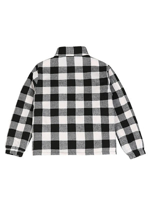 Back view of kid's full zip-up Sherpa-lined jacket in black and white