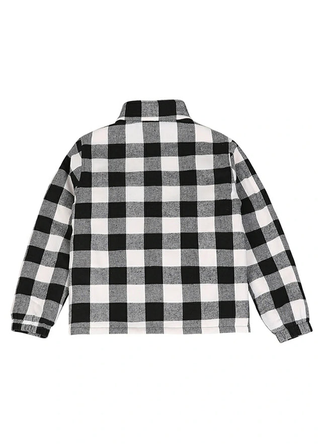Back view of kid's full zip-up Sherpa-lined jacket in black and white