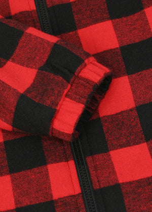 Close-up view of the elastic cuff detail on the kid's full zip-up lambswool-lined jacket in red