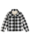 Front view of kid's full zip-up Sherpa-lined jacket in black and white