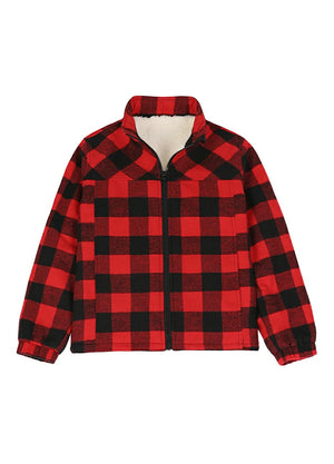 Front view of kid's full zip-up Sherpa-lined jacket in red
