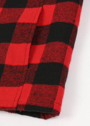 Close-up view of the hand pocket detail on the kid's full zip-up lambswool-lined jacket in red