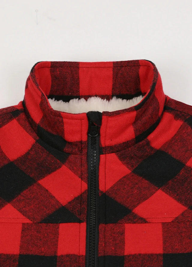 Close-up view of the collar detail on the kid's full zip-up lambswool-lined jacket in red