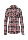 Front view of a Women's pink plaid acid washed flannel cotton shirt