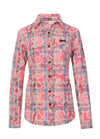 Front view of a Women's rose pink plaid acid washed flannel cotton shirt