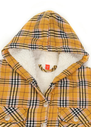 Detail of the hood on a yellow flannel jacket