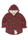 Front view of boys warm plaid red green flannel shirt for boys