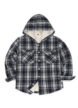 Front view of boys navy grey flannel jacket with hood