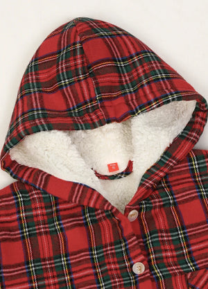 Close-up of the collar on christmas red kids sherpa lined flannel plaid shirt jacket hooded flannel jacket-XR169CR-S,XR169CR-M,XR169CR-L,XR169CR-XL