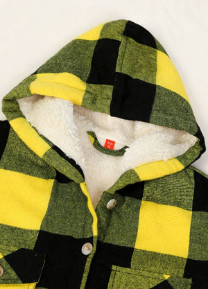 Close-up of the collar on yellow black boys sherpa lined flannel plaid shirt jacket hooded flannel jacket kids-XR169YB-S,XR169YB-M,XR169YB-L,XR169YB-XL