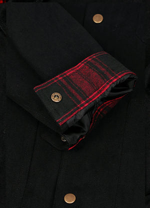 Detailed view of the cuff of the black men's breezy casual flannel lined shirt jacket 