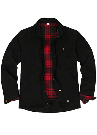Front view of the black men's breezy casual flannel lined shirt jacket 