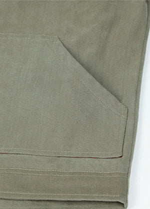 Close-up of the hand pocket of the light green men's casual flannel plaid shirt jacket