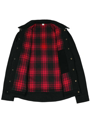 Front view of the lining of the black men's breezy casual flannel lined shirt jacket 