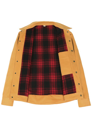 Front view of the lining of the yellow men's casual flannel lined jacket 
