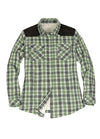 Front view of a women's western green gray sherpa-lined flannel shirt jacket
