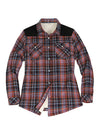 Front view of a women's western orange black sherpa-lined flannel shirt jacket