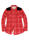 Front view of a women's western red sherpa-lined flannel shirt jacket